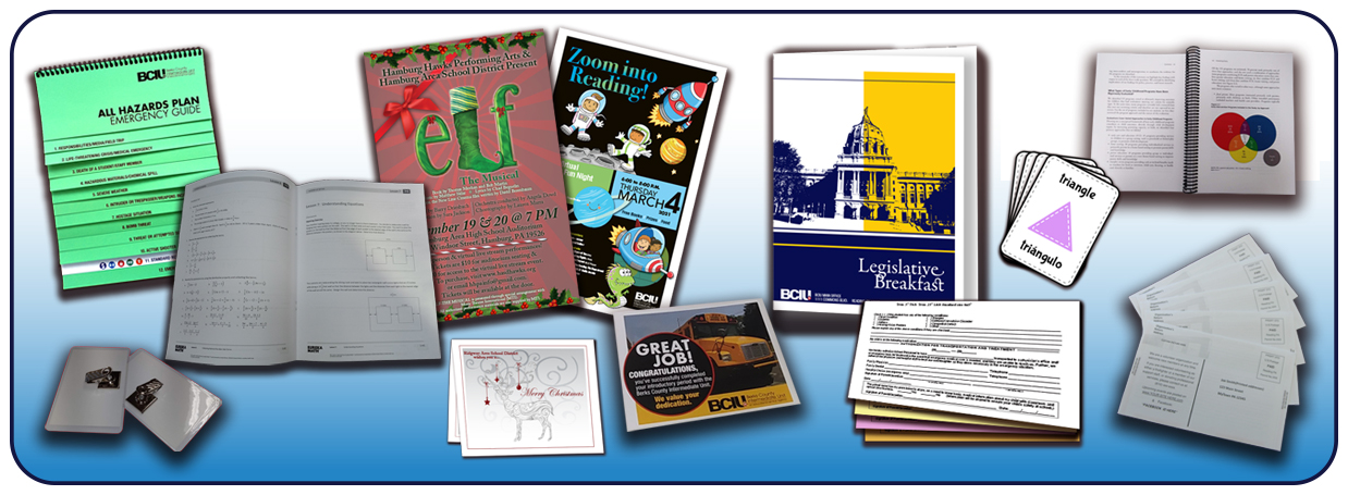 Image displaying printed products including Stapled booklets, Custom Flip Books, Theatrical Posters, Pocket Folders, Flash Cards, Coil Bound Books, Carbonless Forms, Self Seal Mailers, Post Cards, Greeting Cards, and Clip on Badges